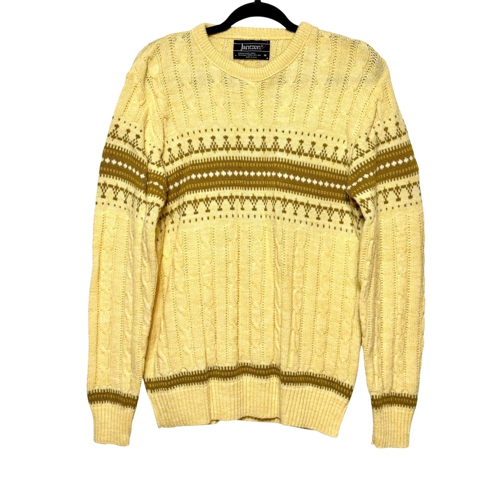Vtg‎ Jantzen Sweater Mens Size M Yellow Cable Knit Crewneck Fisherman Old Money